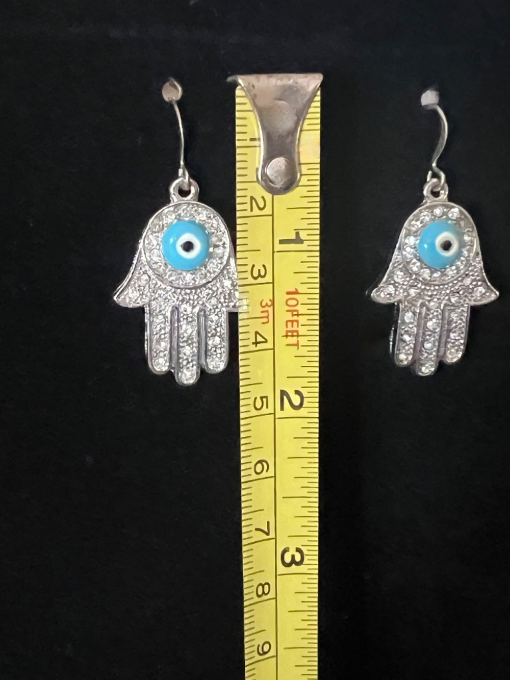 Hamsa Silver Evil Eye Earrings Cubic Zirconia Sterling Silver Fish Hook Back NWT - Picture 2 of 6